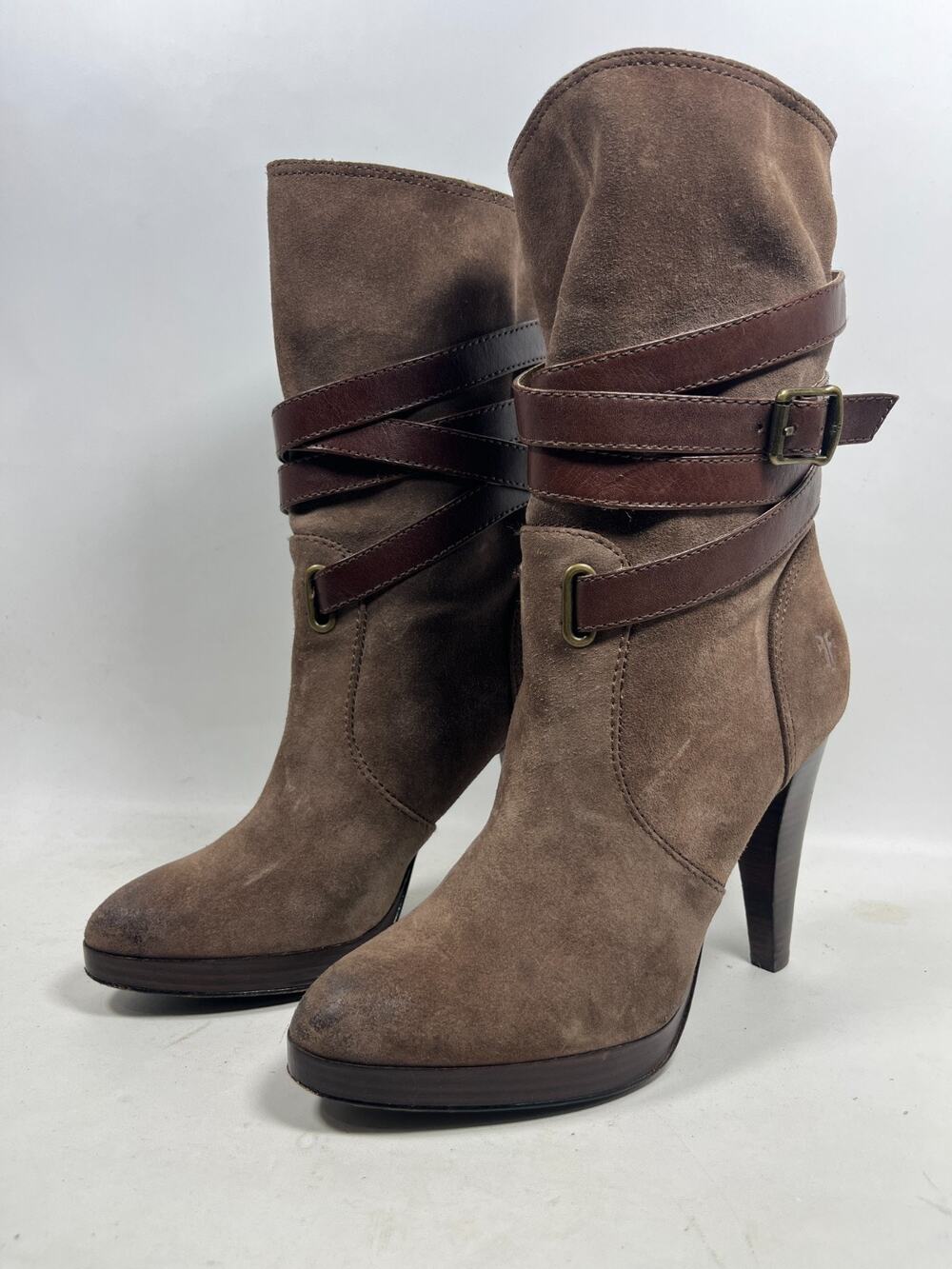 FRYE Boots Womens 9.5M Harlow Multi Strap Suede Leather Platform Heeled Brown